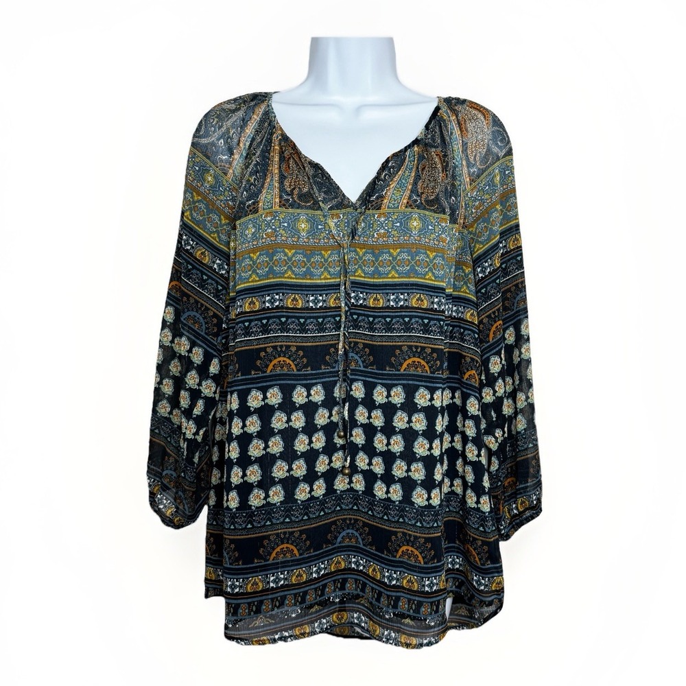 Fleur Bleue Women's Boho Paisley Peasant Top M Navy Teal Tie Neck Festival Fairy